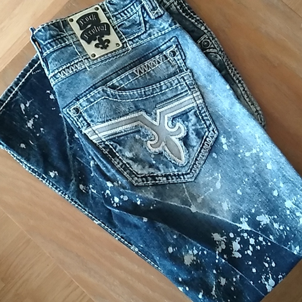 Men's Rock Revival Jeans blue w/white paint prints size 38